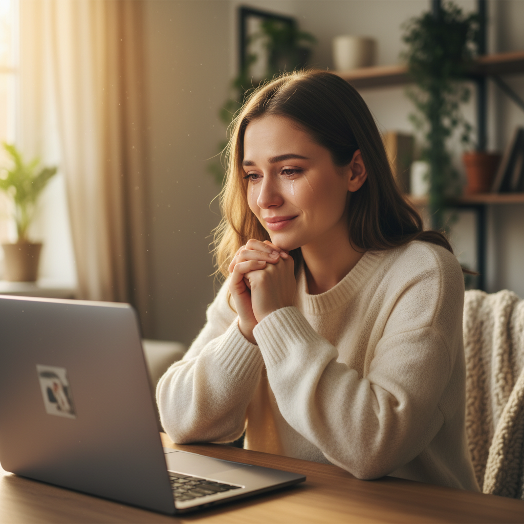 Young woman in her 20s looking at laptop screen with tears in her eyes and a sad smile